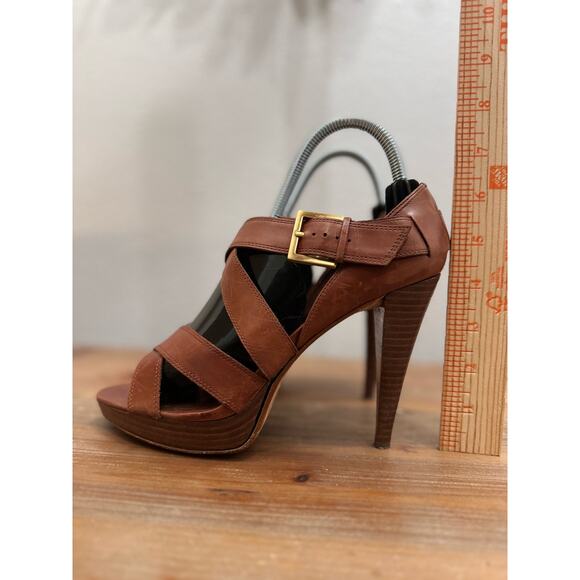 Max Studio Sandals Stiletto Platform Brown Leather Cross Strap Open Toe - Picture 7 of 10